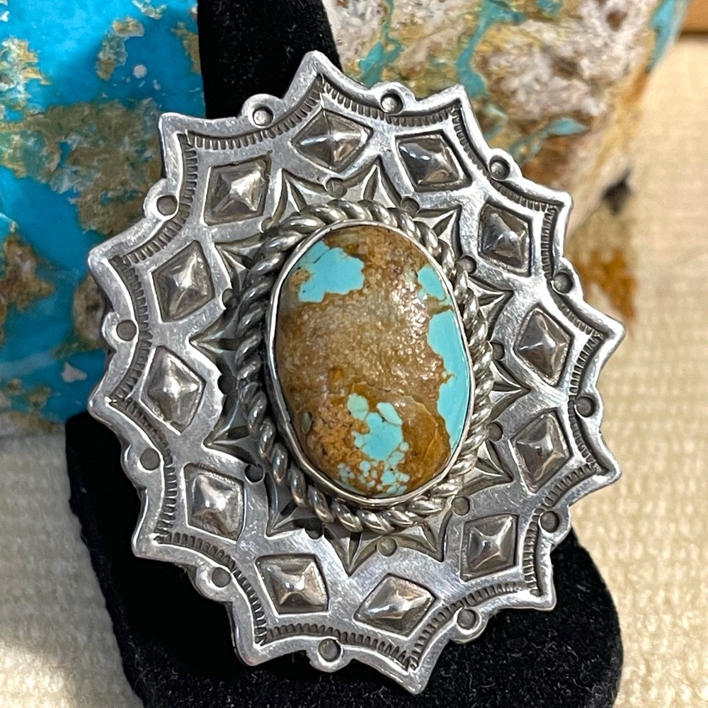 Native American Hand Made STATEMENT #8 Mine Sterling Turquoise Ring Signed